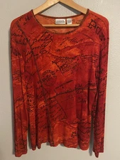 Chicos Travelers Shirt Womens Size 3 Large Orange Red Postcard Print Long Sleeve