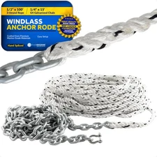 Windlass Anchor Rode Nylon 3-Strand 1/2"x100' Rope - 1/4"x15' Galvanized Chain