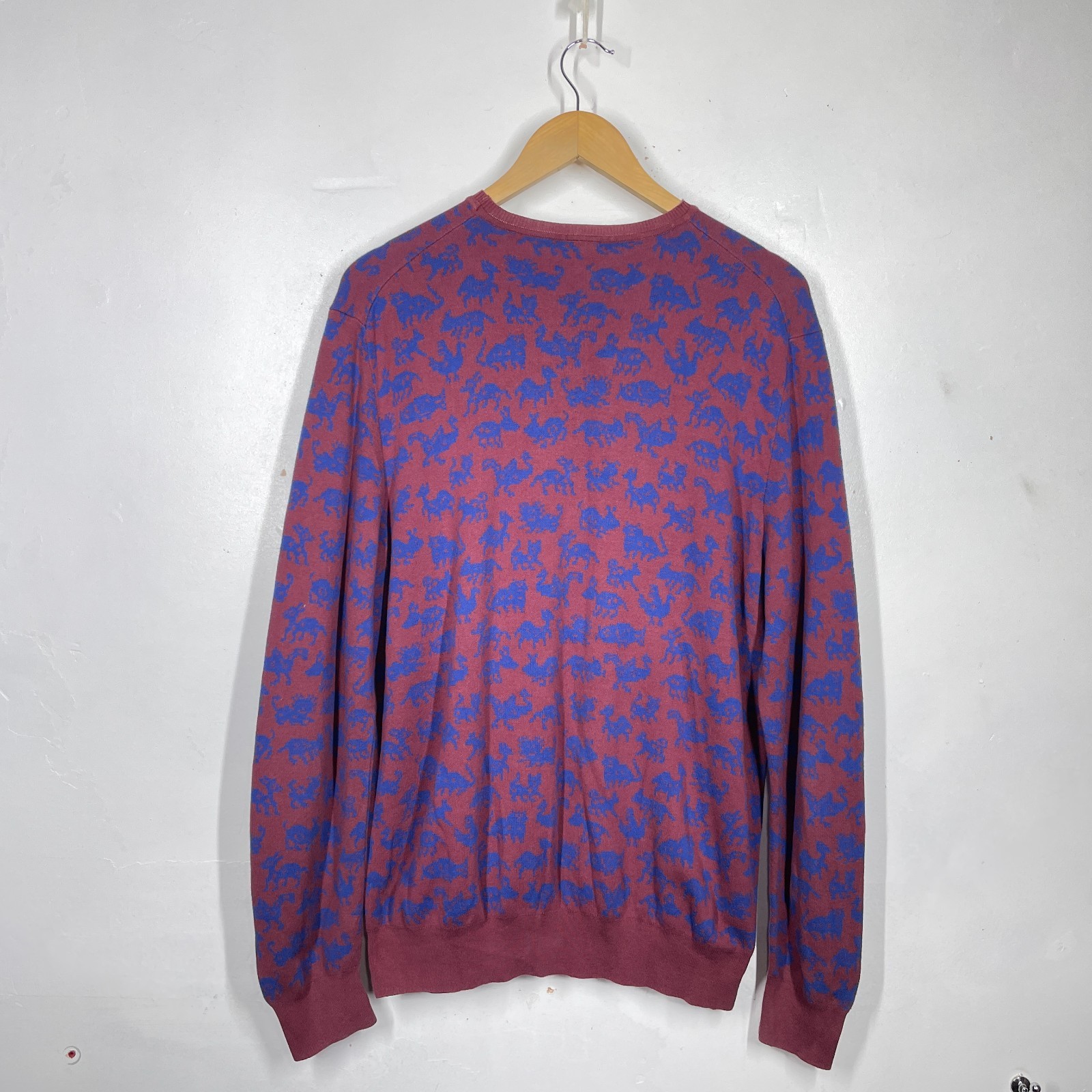 Paul Smith Jumper Mens XL Burgundy Blue Animal Print Pullover Cotton Crew Neck