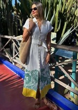 Zara Womens Grecian Shirt Dress Size XS White Green Belted Midi Linen 8253/497