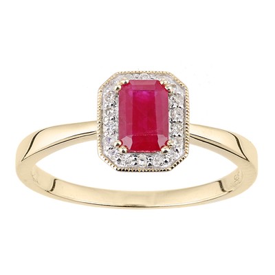 9 Karat Gold Jewelco London Diamant Achteck Rubin Achteck Mühle Korn Halo Ring