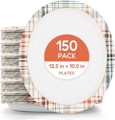 150 Pack Oval Paper Plates 12.5 x 10.5 inch   Soak & Grease Proof Disposable