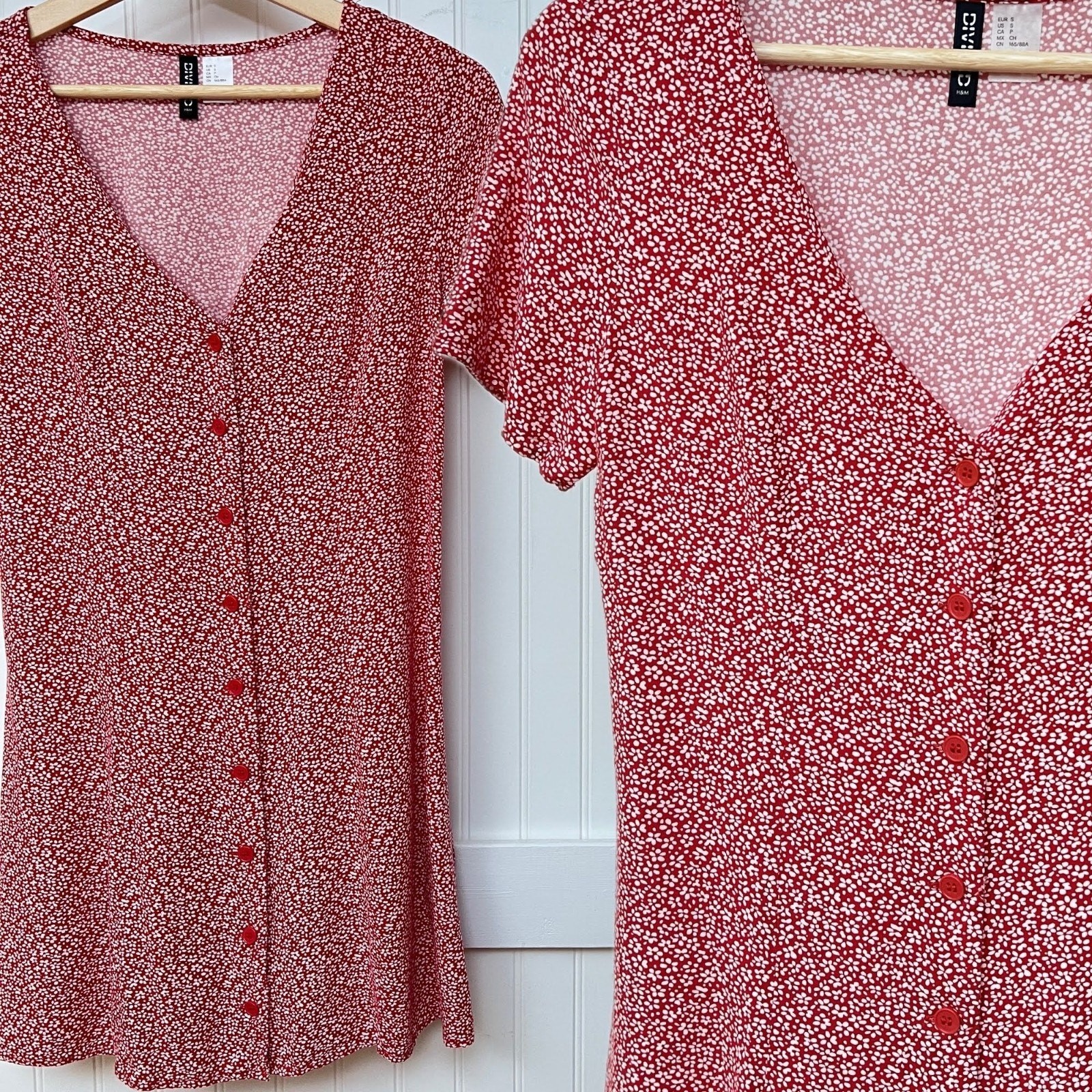 Divided H&M Ditsy Floral Red White Tie Back Shift Dress Button Down Small