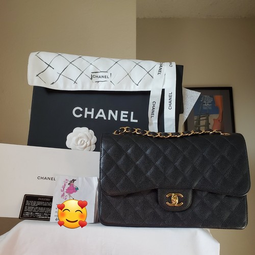 $12,600 CHANEL Classic black Ca.viar Gold hw Jumbo double Flap Bag Seriall 24 