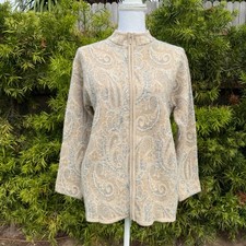 Pendleton Petite 100 Merino Wool Zip Up Sweater Jacket Beige Paisley Print M