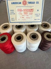 American Thread CO vintage box of 8 spools mostly WHITE & RED BROWN all COTTON