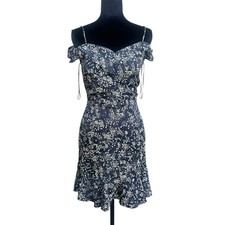 Zara Basic Z1975 Denim Floral Off-Shoulder Ruffle Mini Dress Navy XS