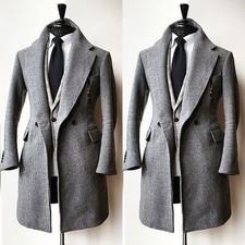 Grey Herringbone Men's Long Overcoat Tweed Formal Business Men Long Jacket