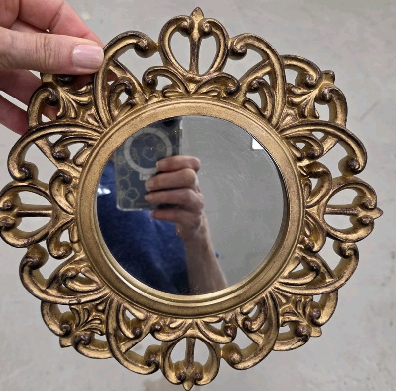 Home Interiors Round Mirror  9" Dia Baroque  Design Vintage, Wood, Mint