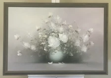 White Floral Still Life Vintage Painting in Wooden Frame By Rossy 39" x 27-1/4"