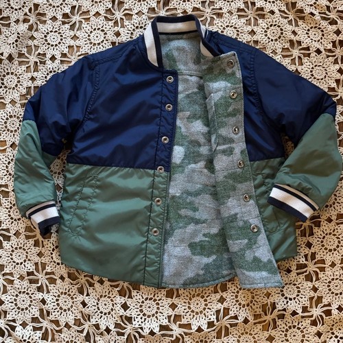 Kids Reversible Bomber Jacket Navy Blue Green Camo Print Sporty Baseball Style