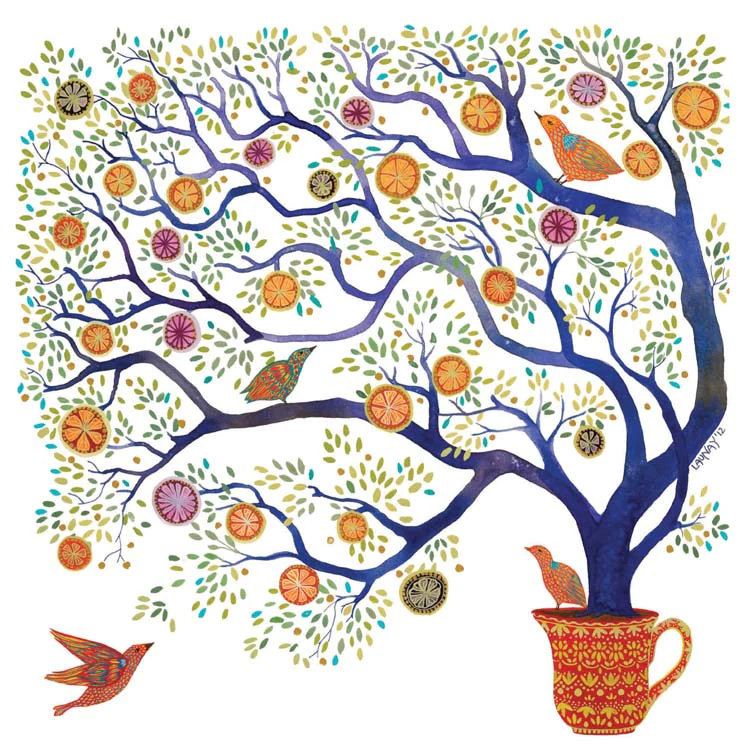 Sweet Pomegranate Tree  - Fine Art Blank Greeting / Birthday Card - Birds