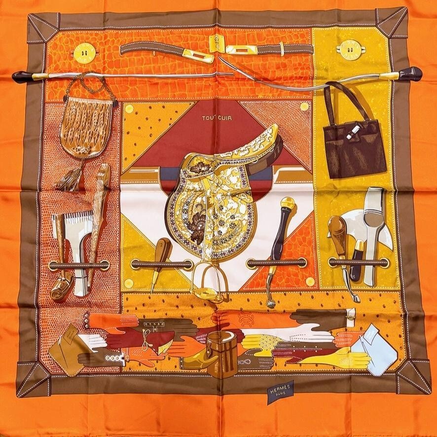 Hermès Tout Cuir シルクスカーフ エルメス スカーフ カレ90 TOUT CUIR すべて皮 ブラウン