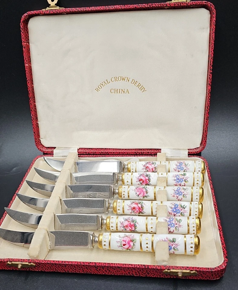 Набор костяного фарфора Royal Crown Derby/6 шт. Фруктовые ножи цветочные позы как новые в коробке - Изображение 2 из 4
