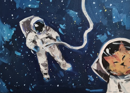 JOSE TRUJILLO Oil Painting IMPRESSIONISM Collectible ORIGINAL Astronauts Cat
