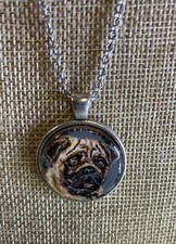 Hand Painted Pug pendant necklace silvertone with 18  inch chain Original Sale 