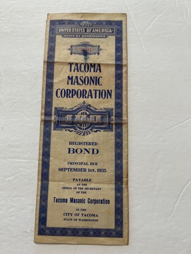 VTG Registered 1924 Bond Tacoma Masonic Corporation Washington - Picture 1 of 4