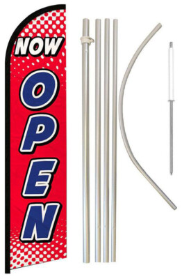 Now Open (Red & White) Windless Banner Flag 16' Flagpole Kit Ground Spike