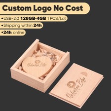 128GB USB 2.0 Flash Drive Free Custom Logo Heart-Shaped Wood Gift Box Wedding