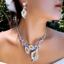 Silver Plated Yellow Zircon Flower Drop Earrings and Necklace Bridal Jewelry Set