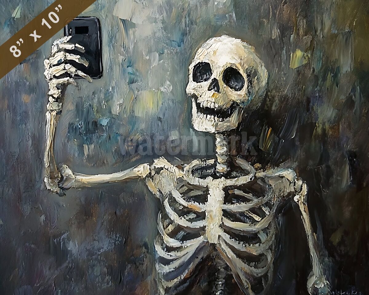 Halloween skeleton taking a selfie oil painting 8x10 Print Halloween skeleton taking a selfie oil painting 8x10 Print