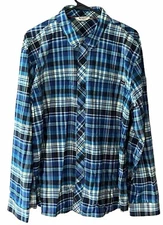 Simms Men's Medium Long Sleeve Button Front Shirt Blue Black White Gray Plaid