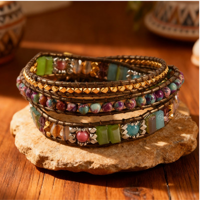 Natural Jasper Stone Beaded Leather Wrap Bracelet Healing Handmade Jewelry Gift