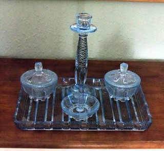 VINTAGE BLUE GLASS DRESSING VANITY TABLE SET 1930's /50's