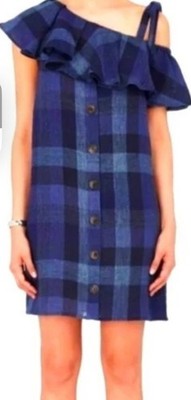 Sea New York Blue Plaid Preppy One Shoulder Shift Dress Size 0 EUC Pockets