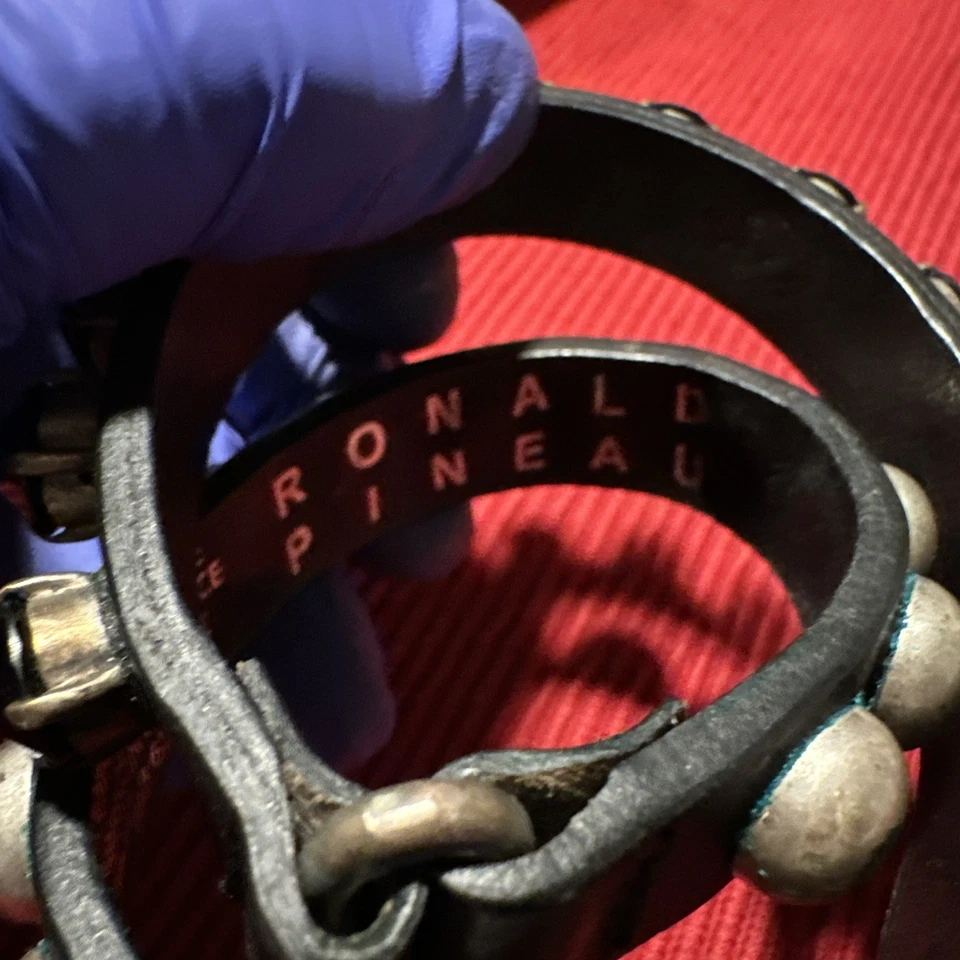 Ronald Pineau Black Leather Bracelet Vintage Stud Rhinestone Designer Sighted - Image 2 of 4