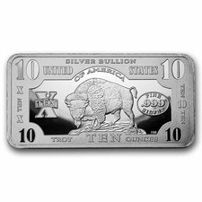 10 oz Silver Bar - 1901 $10 Bison 71.29 per troy oz
