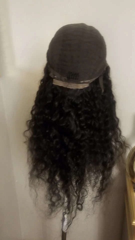 高品质常规上衣黑色 24 英寸水波 150% 处女人类头发花边假发  — 第 3/4 张图片