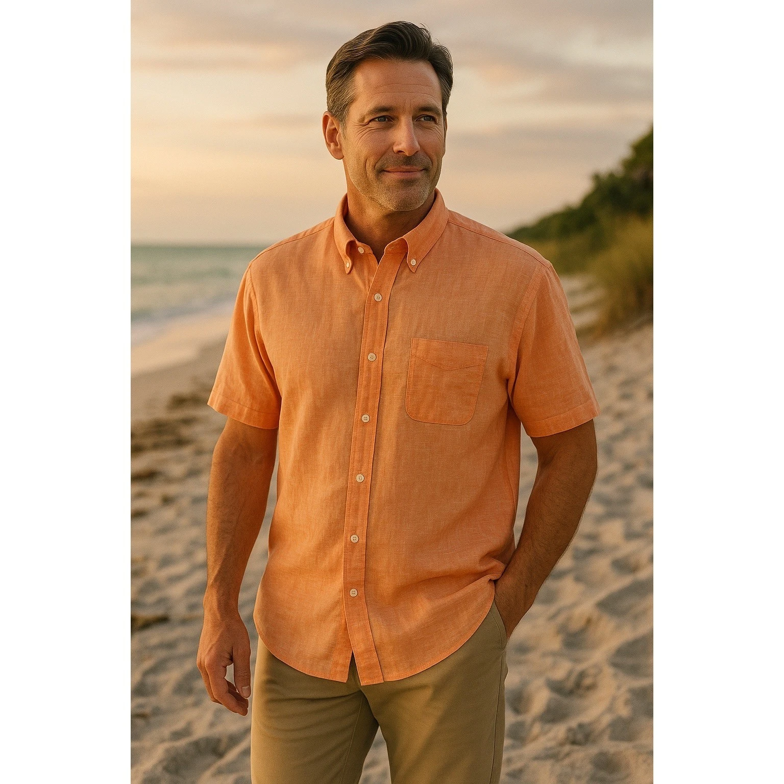 Brooks Brothers 346 Men's XL Linen Button Front Shirt Peach Orange Short Sleeve