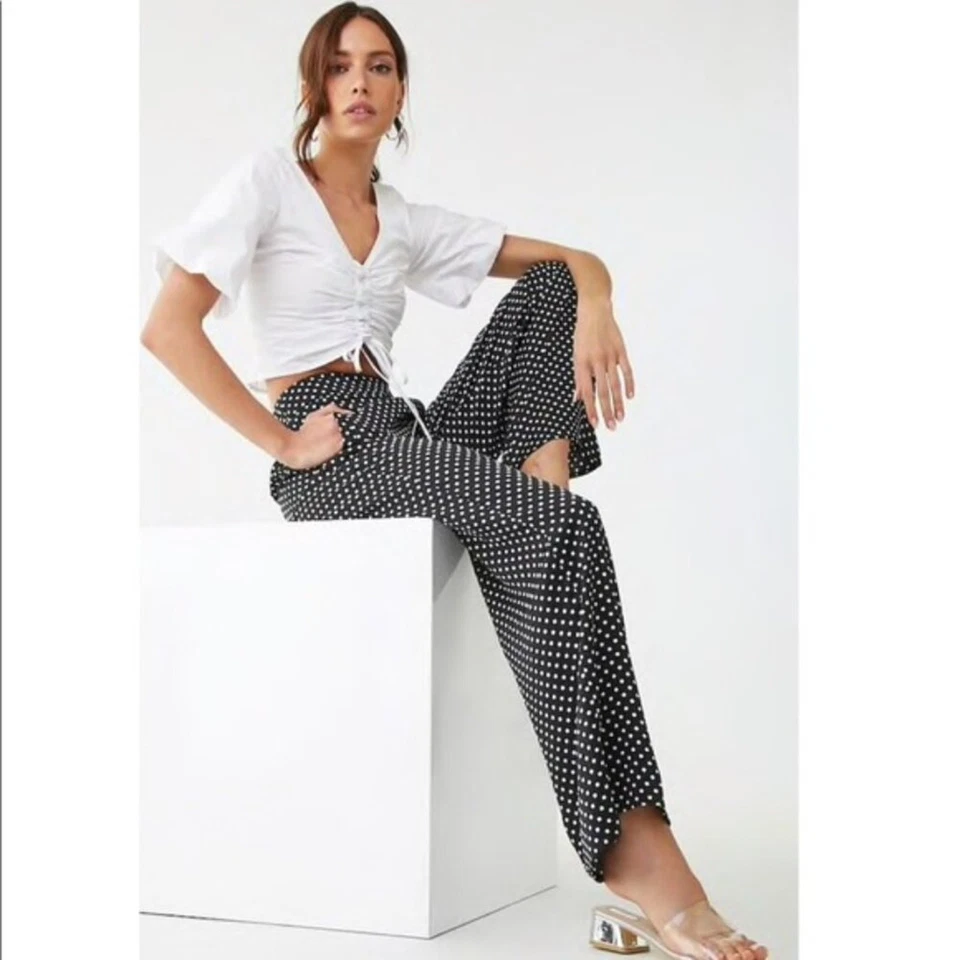 Pantalones/Pantalones Forever 21 Lunares Cintura Alta Pierna Ancha Fluidos Talla S Foto 2 de 4