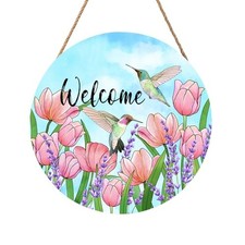 Welcome Spring Hummingbirds Sign for Front Door Decor Spring Floral Wood Door