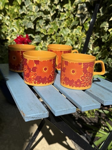 Vintage Funky Retro Floral Staffordshire Pottery Mugs X4