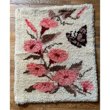 Vintage Latch Hook Rug Floral Butterfly Pink Cream Retro Cottagecore Boho 30x25