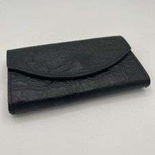 Western USA Black Leather Checkbook Organizer Wallet with Floral Tooling