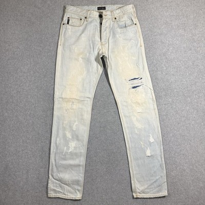 Armani Jeans Men 31x33 Super Light Wash J04 Distressed Thrashed Patched Slim Fit