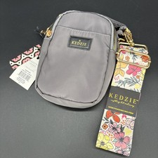 KEDZIE Crosstown Crossbody Zipper Bag Adjustable Strap Gray Extra Floral Strap