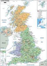 UK Map of England, Wales, Political Educational Poster,Canvas or Framed Wall Art