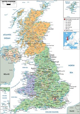 Großbritannien Karte von England, Wales, politisches Bildungsposter, Leinwand oder gerahmtes Wandbild