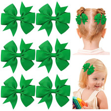 6Pcs St. Patrick'S Day Hair Bows for Girls 3  Green Grosgrain Ribbon Bows with A