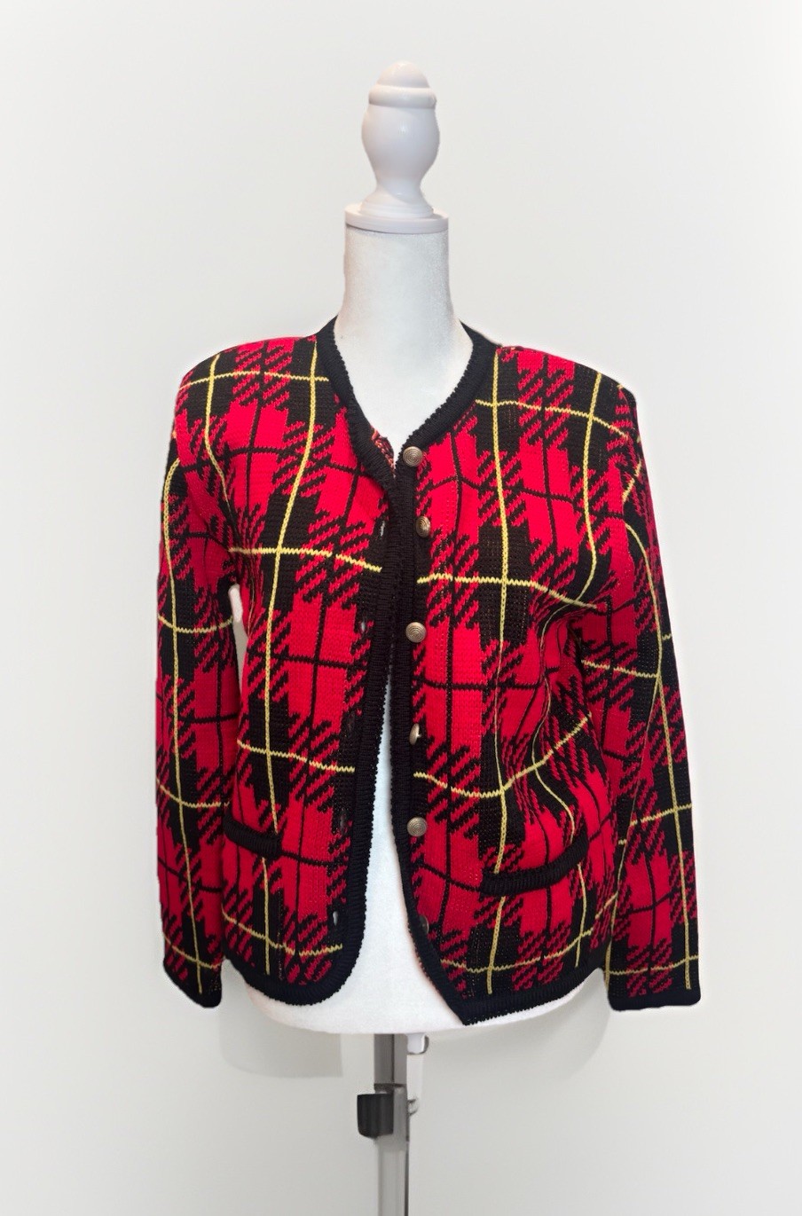 Vintage Tally-Ho Polo Ralph Lauren Plaid Cardigan Sweater Red Black Gold Small