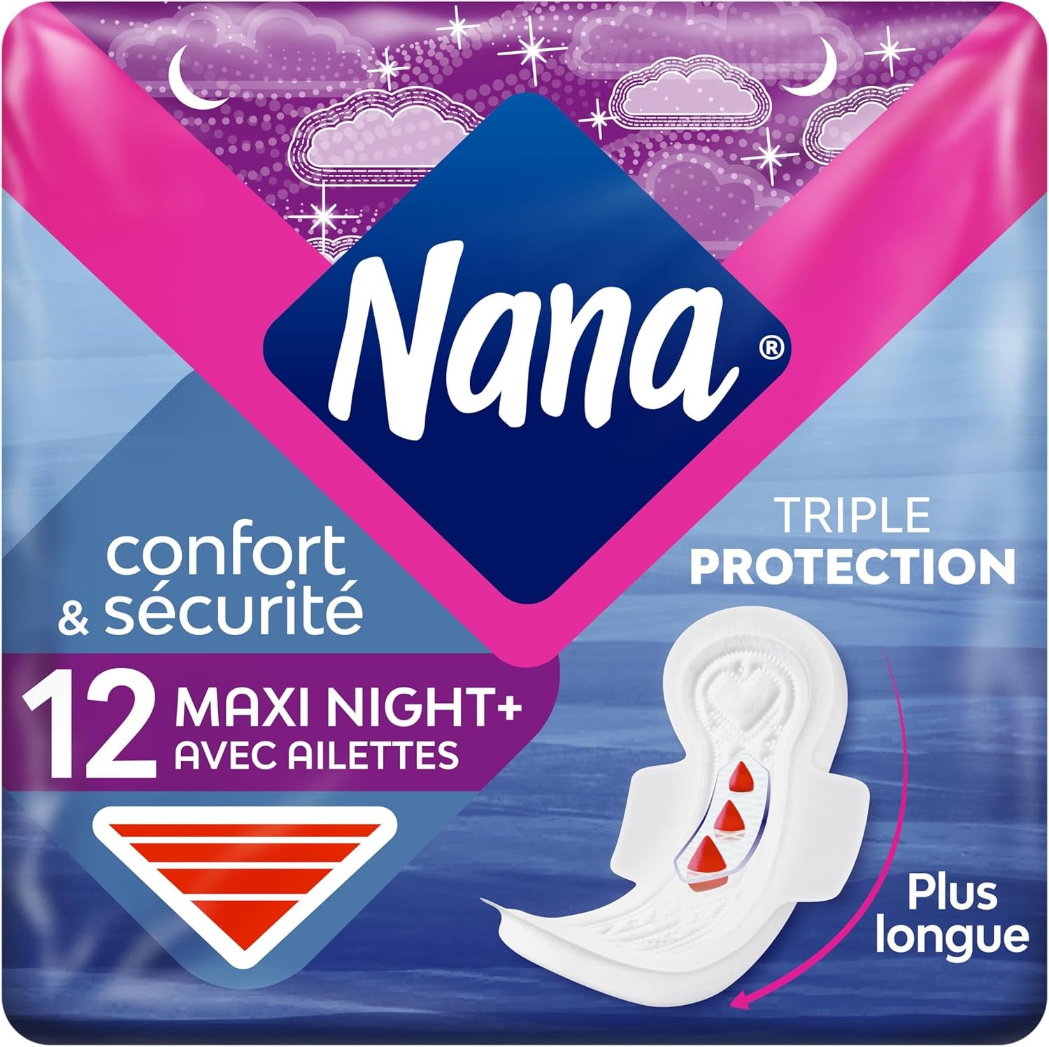 Serviettes Hygiéniques Nuit avec Ailettes Nana Maxi Goodnight x12 Flux Abondant Protection Épaisse