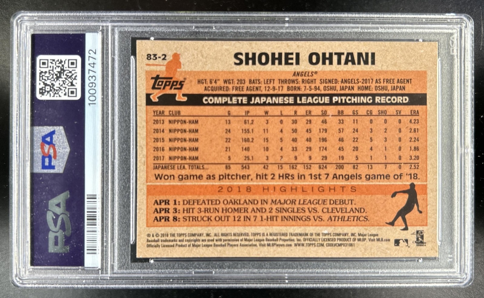 2018 Topps Update Shohei Ohtani 1983 Rookie RC #83-2 Angels PSA 8 view 2