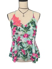 Betsey Johnson Floral Cami Tank Top Small Mint Pink Rose Coquette Cottagecore