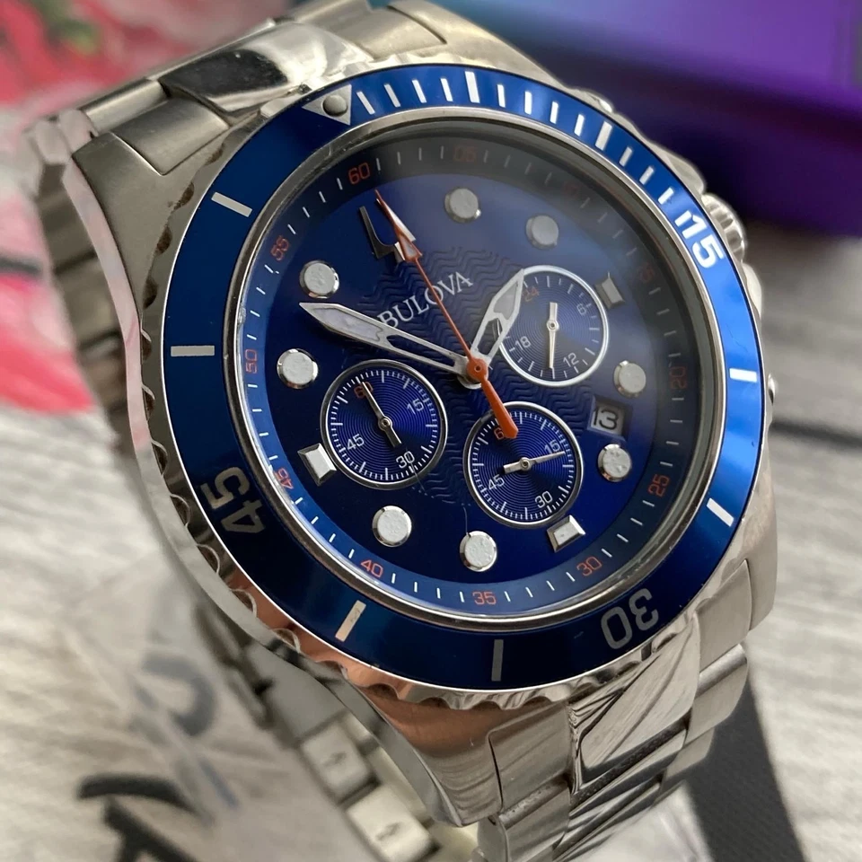 Bulova Watch Mens Chronograph Divers Style Blue Dial All Steel 42mm Case - Image 2 of 4