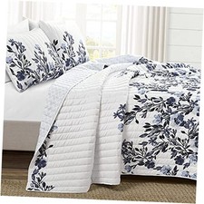 Tanisha Reversible Floral Quilt Set, 5 Piece Set, Navy  King Navy  White-1