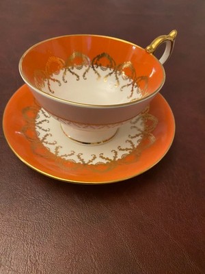 Aynsley salmon coral orange gold teacup & saucer set